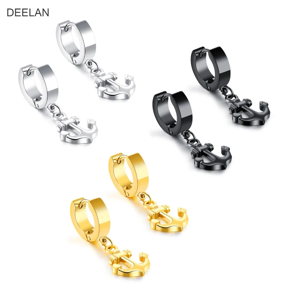 korea 16mm Anchor Hoop Earrings For Woman Top Quality Stainless Steel White Black Golden Men Gift Fashion Jewelry | Украшения и