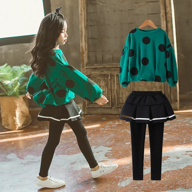 2017 комплект зимней одежды для девочек Зеленый в крупный горошек детская одежда