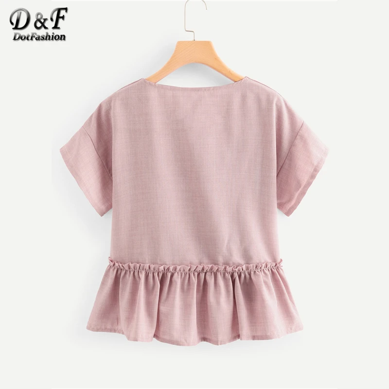Dotfashion розовая однотонная блузка с v-образным вырезом и оборками на подоле Милая летняя корейская модная одежда с коротким рукавом женские топы и блузки