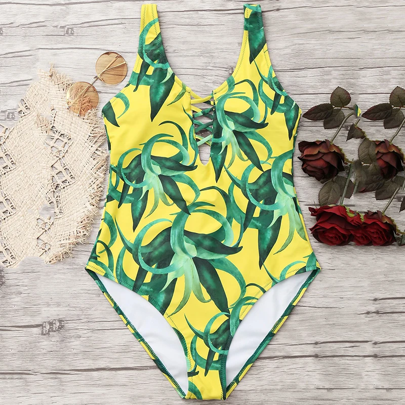 2018 Leaf Print Women Swimwear Yellow Sexy One Piece Swimsuit Push Up Bathing Suit Bodysuit Beach Wear Monokini Femal | Спорт и
