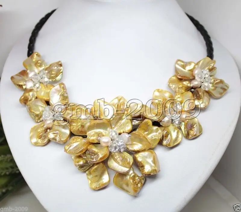 Ручная работа Желтый корпус 5 цветов жемчужный черный кожаный нагрудник ожерелье