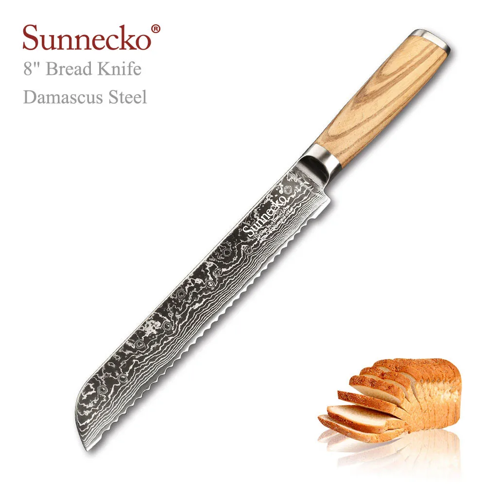 8inch Bread Knife Sunnecko оригинальная деревянная ручка Дамасская сталь кухонный нож японский VG10 профессиональные " поварские ножи подарок давая антипригарный нож - Цвет: 8inch Bread Knife