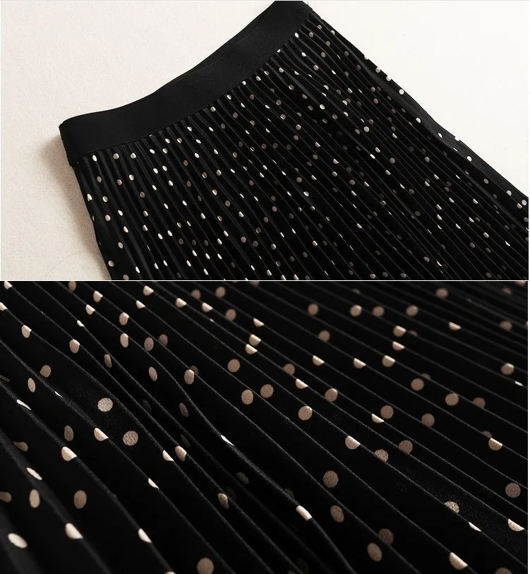 

A Line Pleated Skirt Women Polka Dot Vintage Midi Skirt High Quality Elegant Chic Beige Black Summer Autumn Skirt LS-9820