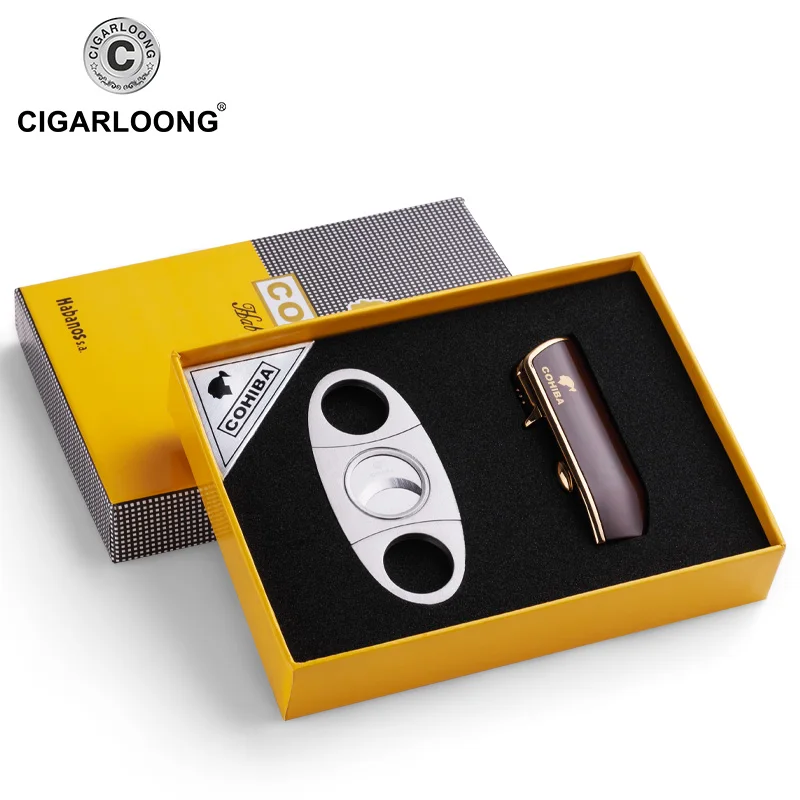 COHIBA металлическая ветрозащитная мини-карманная зажигалка для сигар 3 реактивного синего пламени зажигалки для сигарет с подарочной коробкой для сигарет с резцом