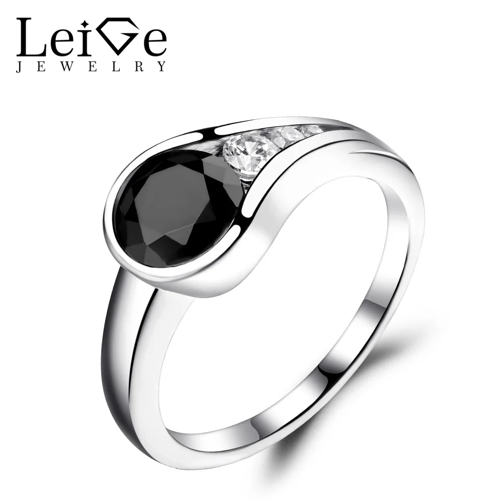 

Leige Jewelry Black Spinel Ring for Women Black Gemstone Ring Wedding Engagement Round Cut Bezel Setting Sterling Silver 925