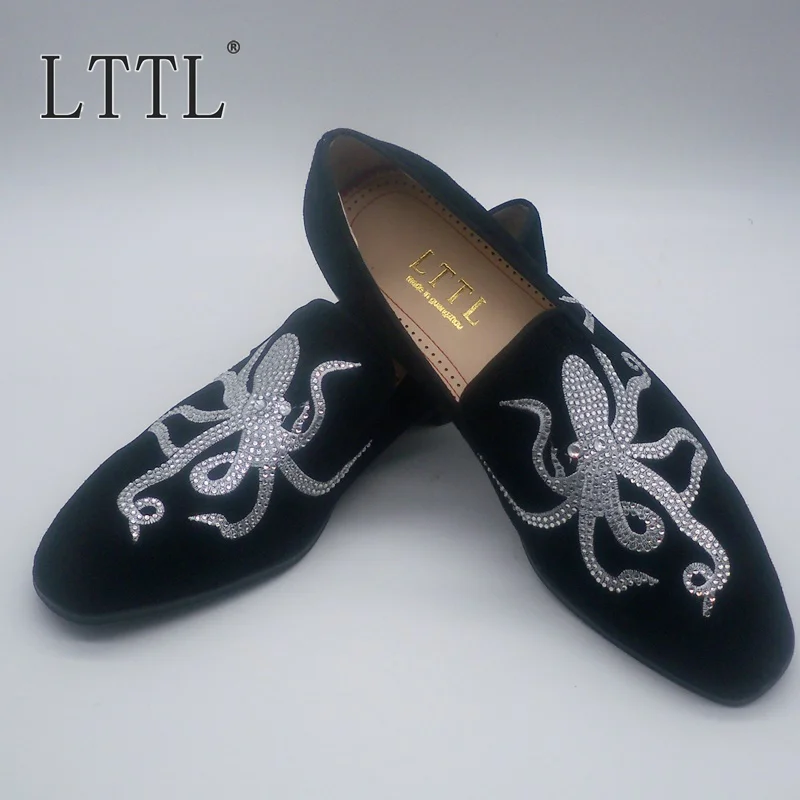 

LTTL Luxury Black Suede Loafers Men Fashion Embroidered Octopus Rhinestone Shoes Men Dress Shoes Slip On Men's Prom Shoes
