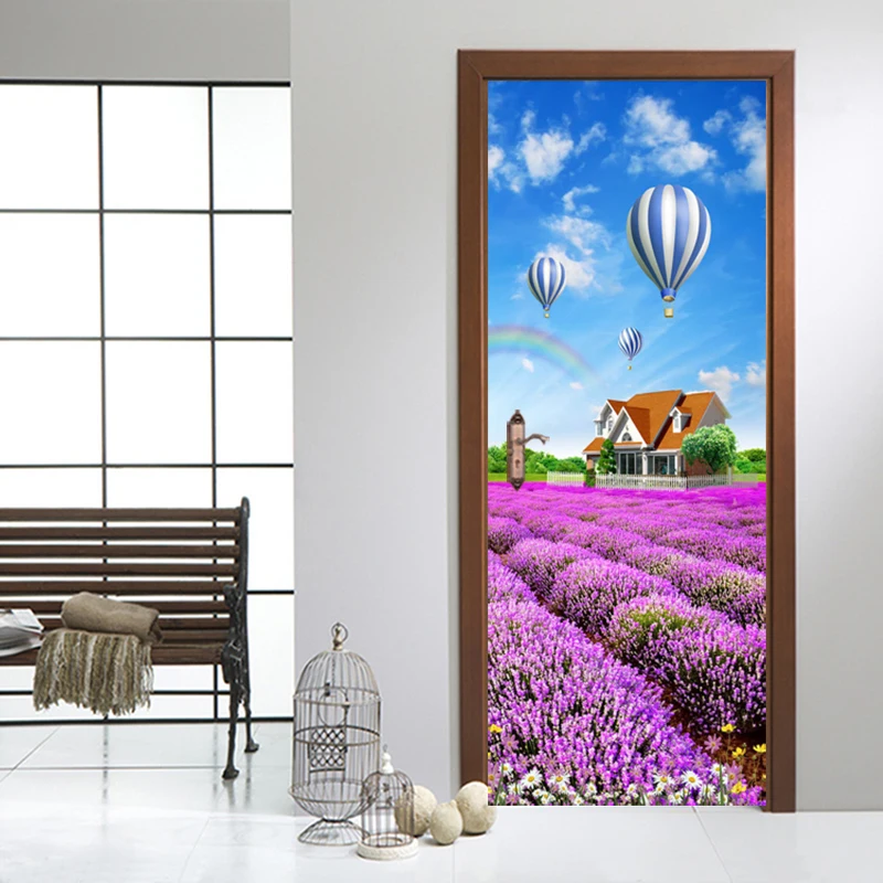 

PVC Waterproof Self-adhesive Door Wallpaper Home Decor 3D Charming Lavender Pastoral Natural Scenery Mural Door Wallpaper Volume