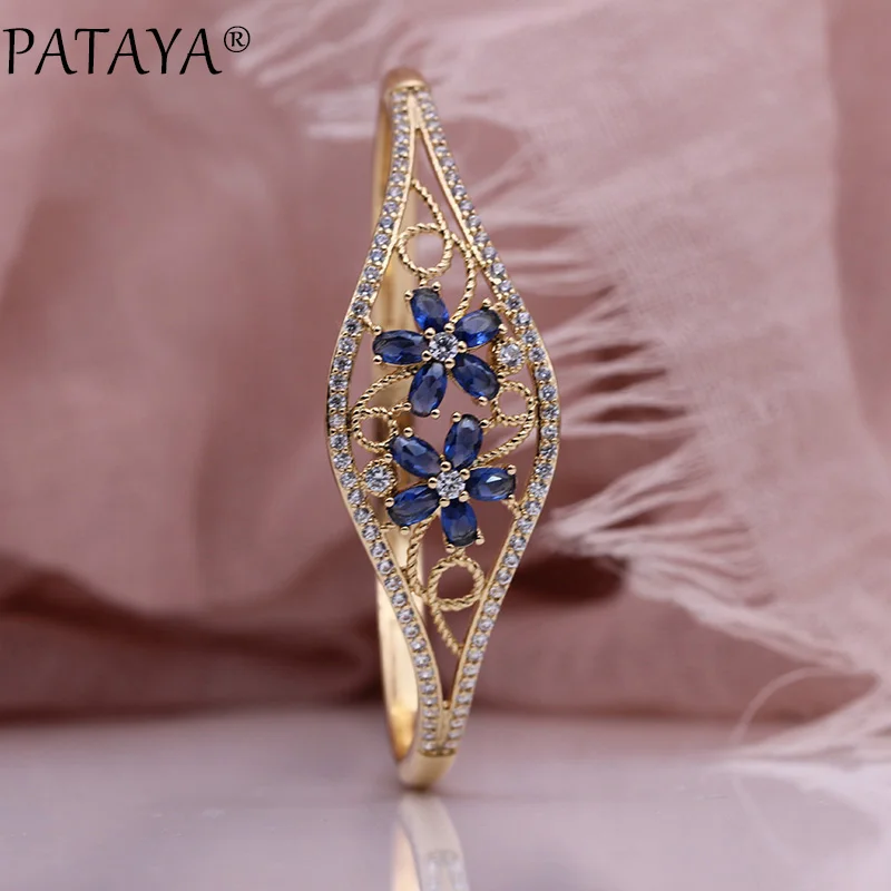 PATAYA, новинка, Овальный лепесток, роскошный женский браслет, Свадебный, тонкий, браслет с отверстиями, 585, розовое золото, темно-синий, натуральный циркон, милые, модные ювелирные изделия