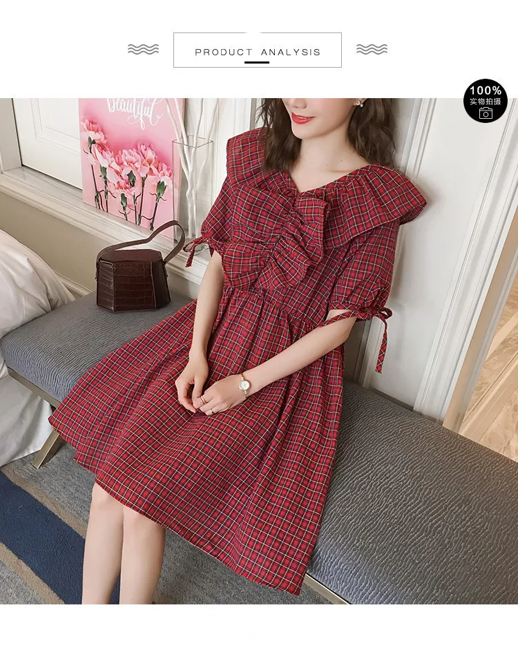 Poungdudu maternity pregnant women dress cotton linen lattice shirt clothes Real shot spot summer | Мать и ребенок