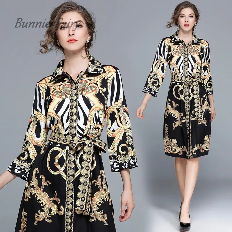 BunniesFairy 2017 Autumn European and American Style Retro Geometric Print Belted Slim Waist Dress Female Robe Vestidos De Festa | Женская