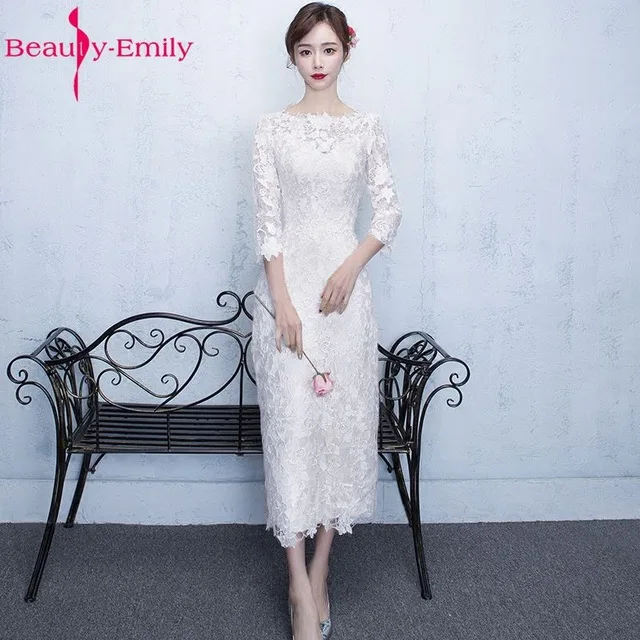 Beige Beauty-Emily белые кружевные вечерние платья длиной до середины икры кружевные женские вечерние платья с круглым вырезом и рукавом три четверти - Цвет: Beige
