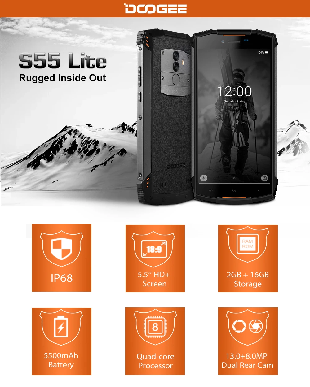 DOOGEE S55 Lite IP68 водонепроницаемый смартфон 2 Гб ОЗУ 16 Гб ПЗУ 5500 мАч 13,0 МП MTK6739 Dual SIM 4G VoLTE 5,5 дюймов Android 8,1