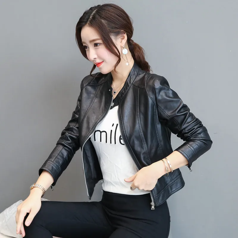 Женские Мотоциклетные Куртки из искусственной кожи Короткие осенние куртки на