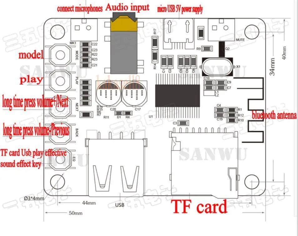 2 шт. Bluetooth аудио приемник USB TF карта MP3 WMA FLAC декодирующий плеер Предварительный