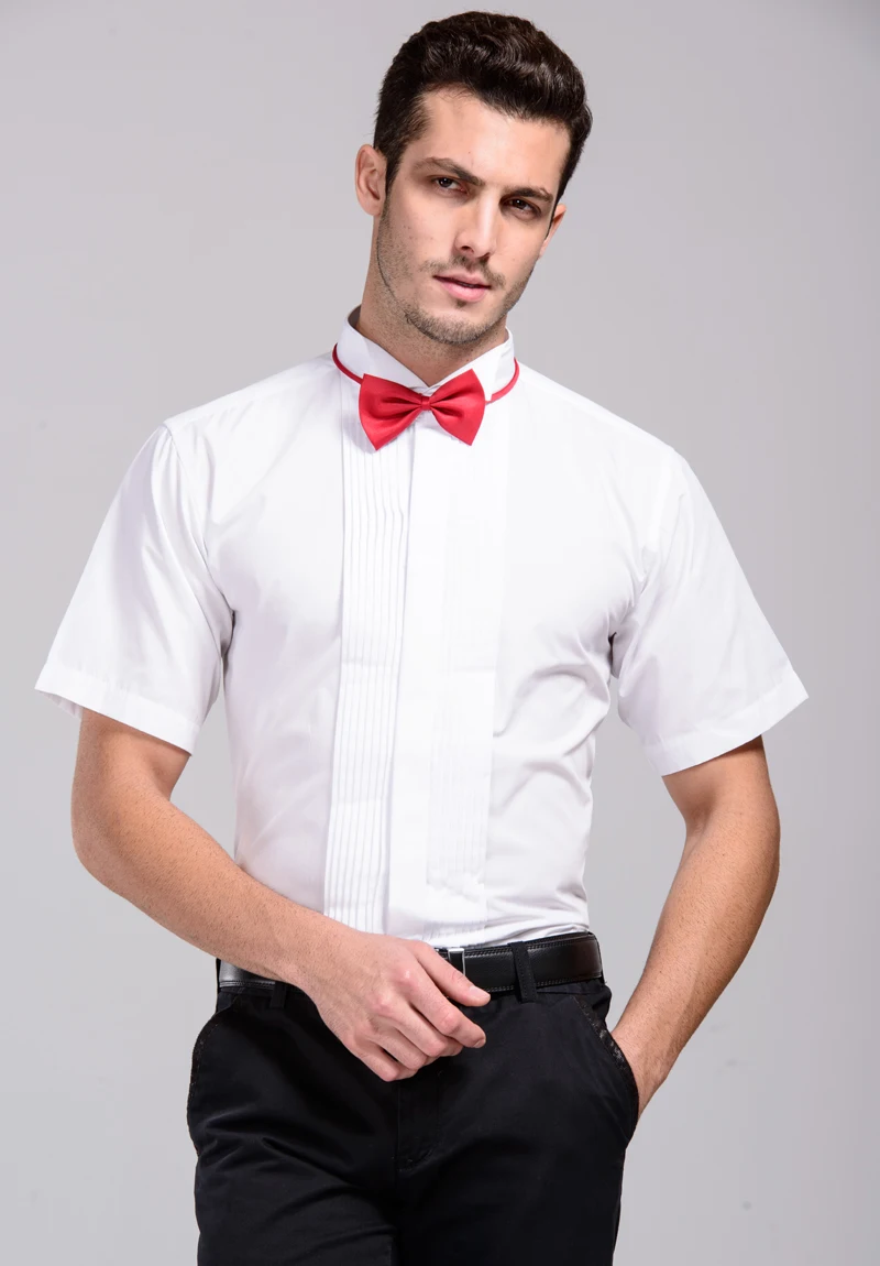 shirt and red tie Shenrun Men White Short Sleeve Shirts Male High Quality Formal Shirt Wing Collar Wedding Groom Business Party Prom Size 38-46 - Цвет: shirt and red tie