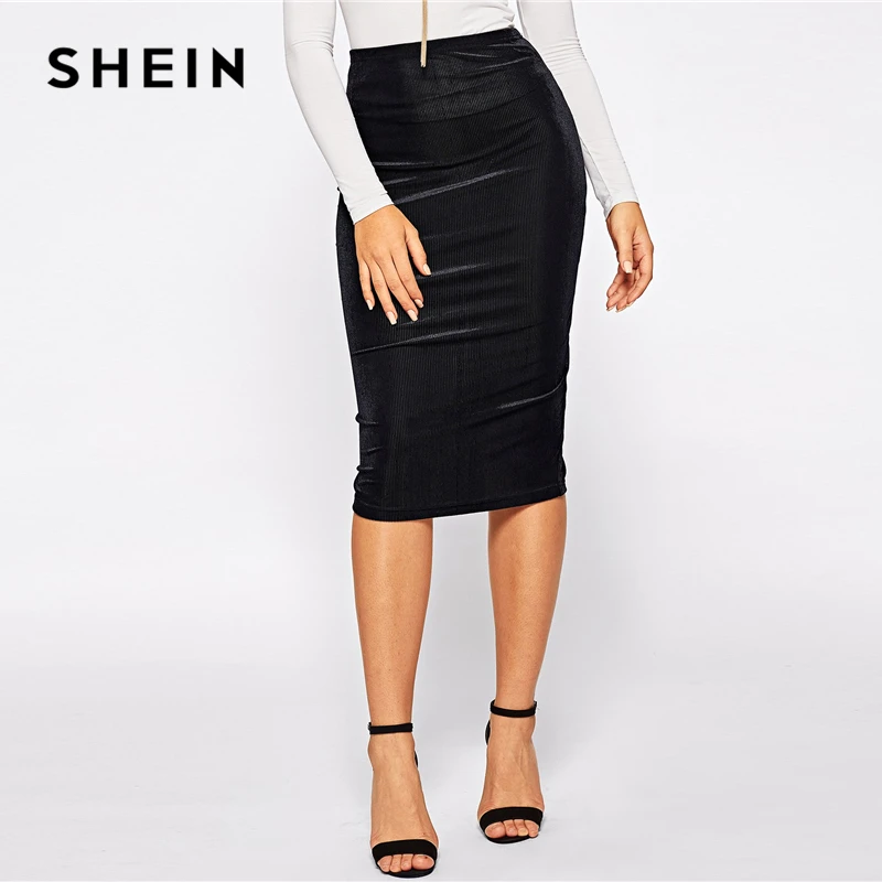 SHEIN черная эластичная резинка на талии, в рубчик, однотонная, до колена, средняя талия, облегающая юбка-карандаш, для женщин, осенняя, элегантная, офисная, для девушек, юбки