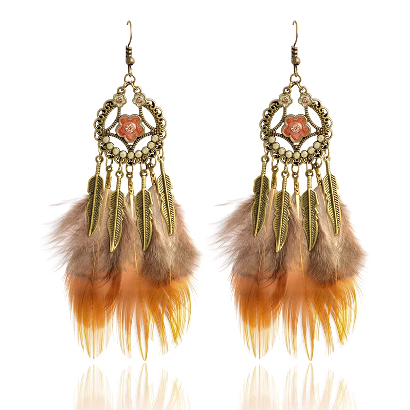 Серьги в этническом стиле с перьями очаровательные серьги бронзовым цветком
