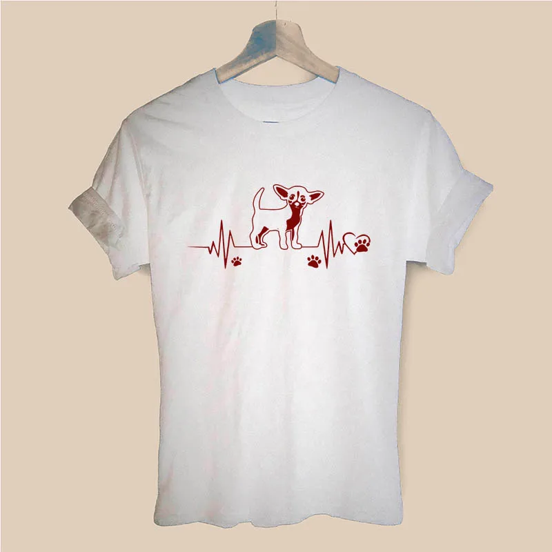 WHITE Heartbeat, чихуахуа, собаки, влюбленные, подарок подруге, футболка, сердцебиение, лапа, собаки, женская футболка, короткий рукав, хлопок, футболки, Harajuku - Цвет: WHITE