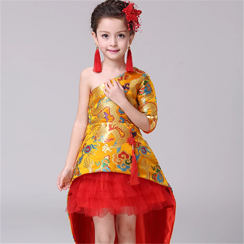 Китайские традиционные дети Cheongsam девушки детей желтый со шлейфом принцесса цветы Qipao на день рождения и свадьбу Oriental Платья для вечеринок - Цвет: yellow