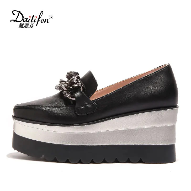 Daitifen Spring Autumn black Shoes Women pumps Square Toe Thick Platform Wedge Leather high heels chaussure femme | Обувь