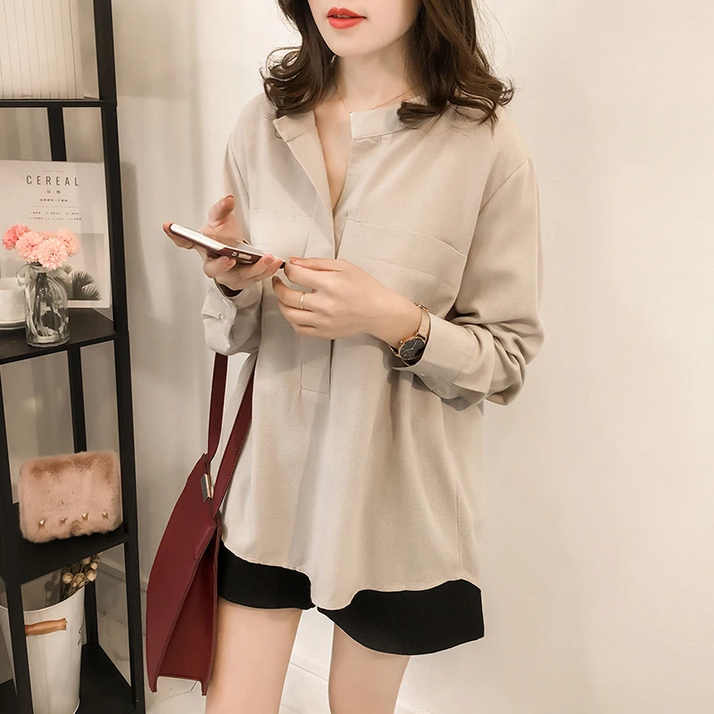 2018 новая весенняя простая женская блуза с длинным рукавом и v-образным вырезом