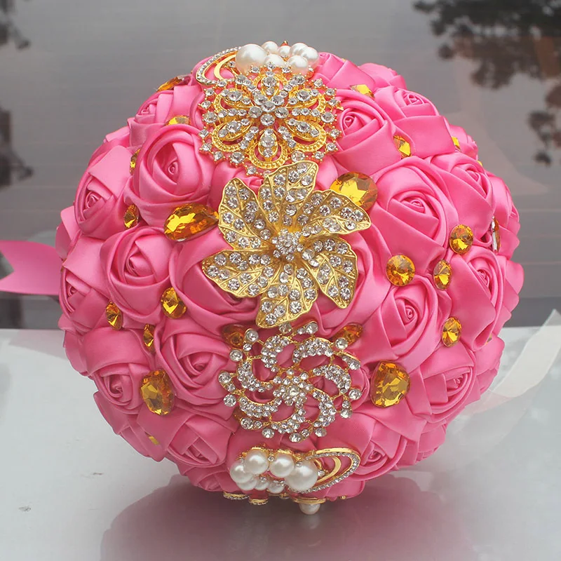 18CM Wedding Bouquet Luxury Gold Crystal Brooch Bridal Handmade Silk Rose Ribbon Flowers Artificia Fake Flower | Дом и сад
