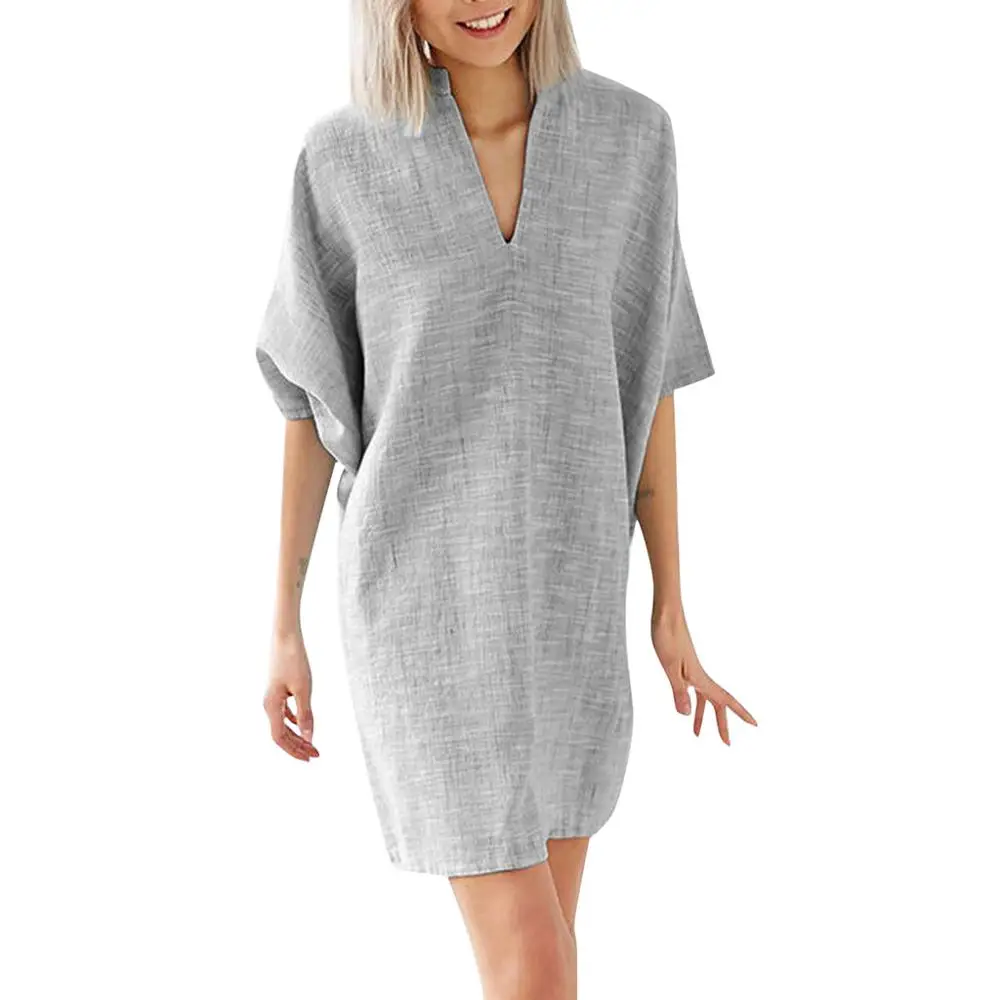 3XL женское летнее однотонное мини платье хлопковое и льняное Повседневное с v