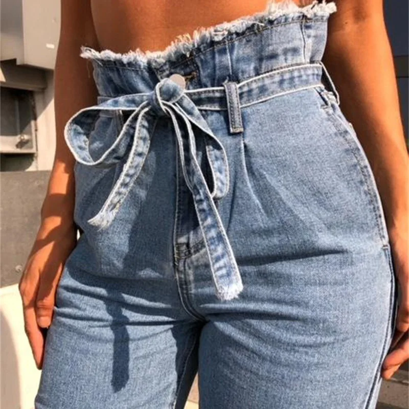 Винтажные джинсы с кисточками и высокой талией поясом женские облегающие