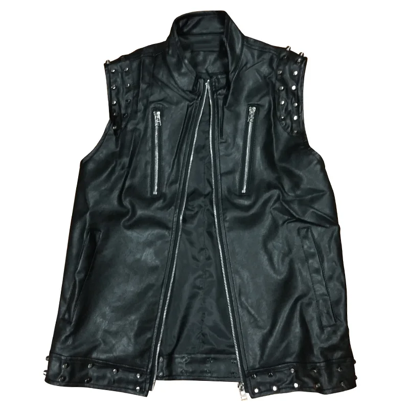 Мужская кожаная жилетка с заклепками в стиле панк хип хоп мотоциклетная