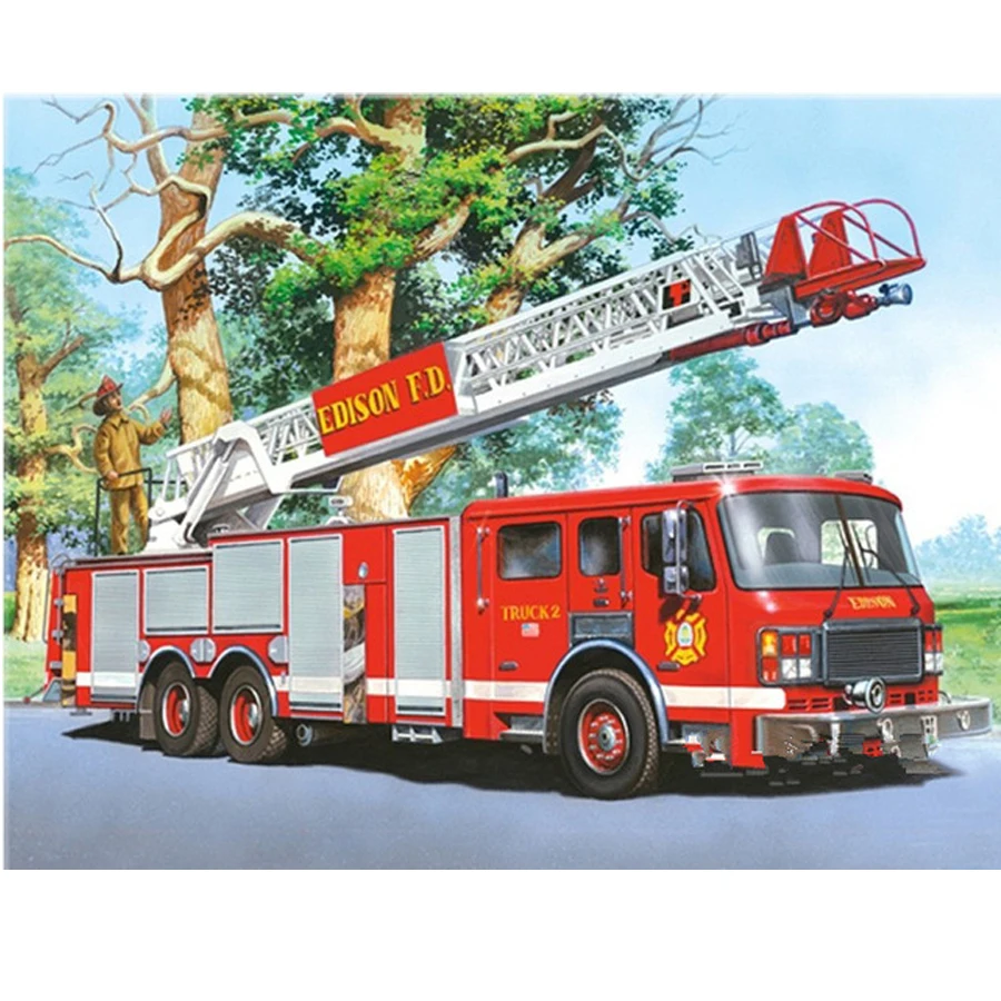 Огнеборец на пожарной машине - набор для вышивания бриллиантами в технике "крестик" (full square mosaic rhinestones) для декорирования дома.