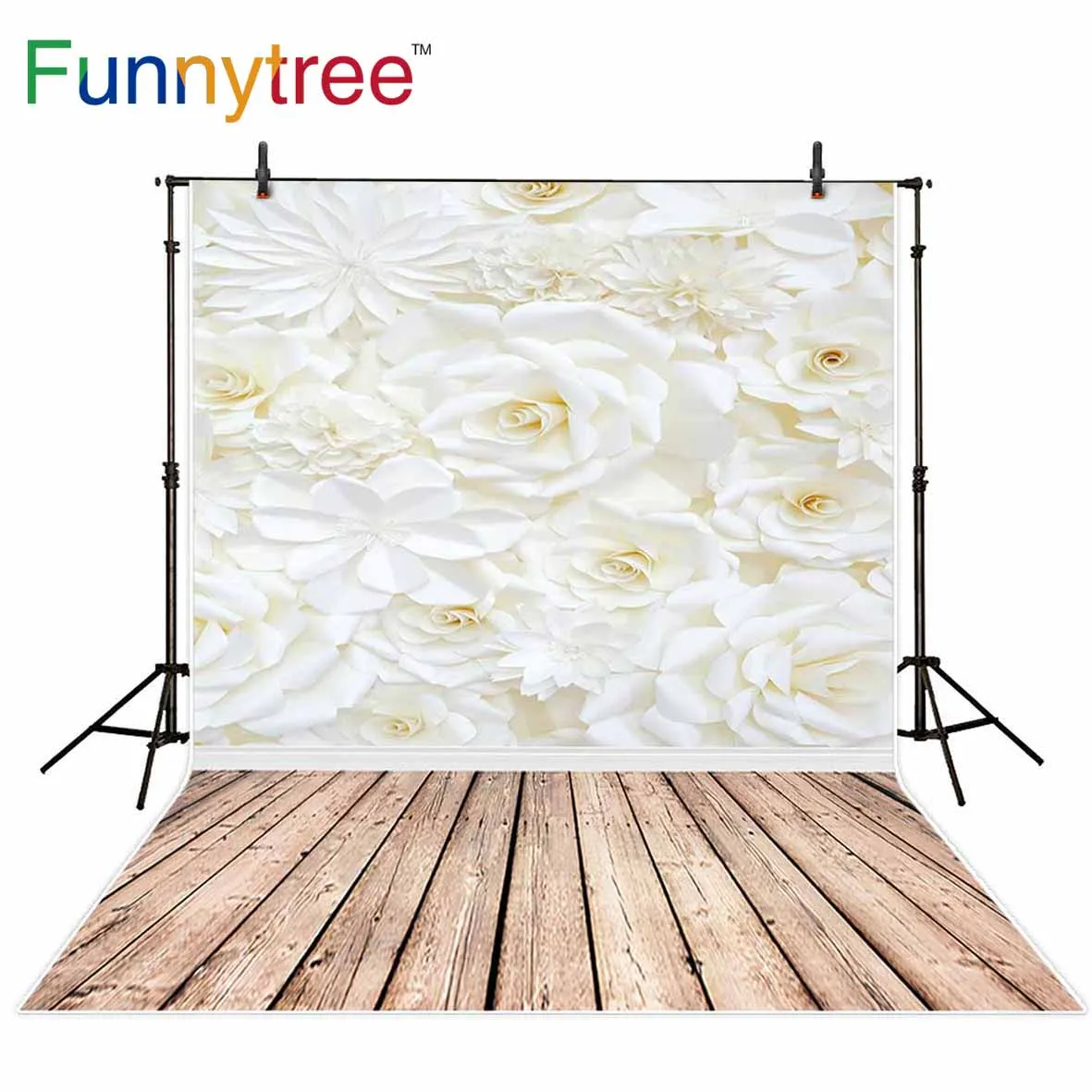 Фоны Funnytree для фотостудии белый цветок деревянный пол свадебный
