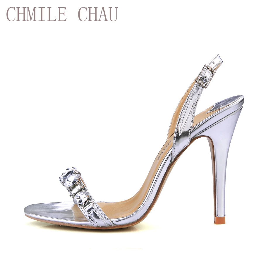 CHMILE CHAU/пикантные вечерние туфли из искусственной кожи серебристого цвета женские босоножки на тонком каблуке с ремешком сзади, стразы, женская обувь 5186-2