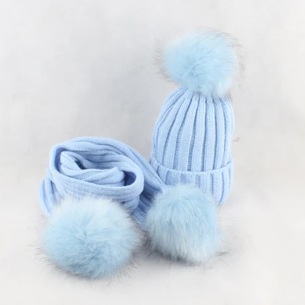 blue hat blue fur HEALCOLD/шапка для мальчиков и девочек, комплект шарфов, детская шапка с меховым помпоном, зимний шарф, шапка для детей - Цвет: blue hat blue fur