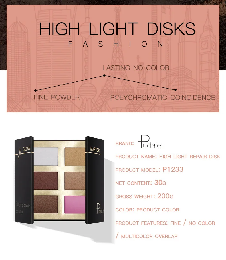 Pudaier Shimmer Brighten Face Highlighter Makeup Powder Suit Eyeshadow Face Contour Palette Long Lasting High Gloss Fine Powder
