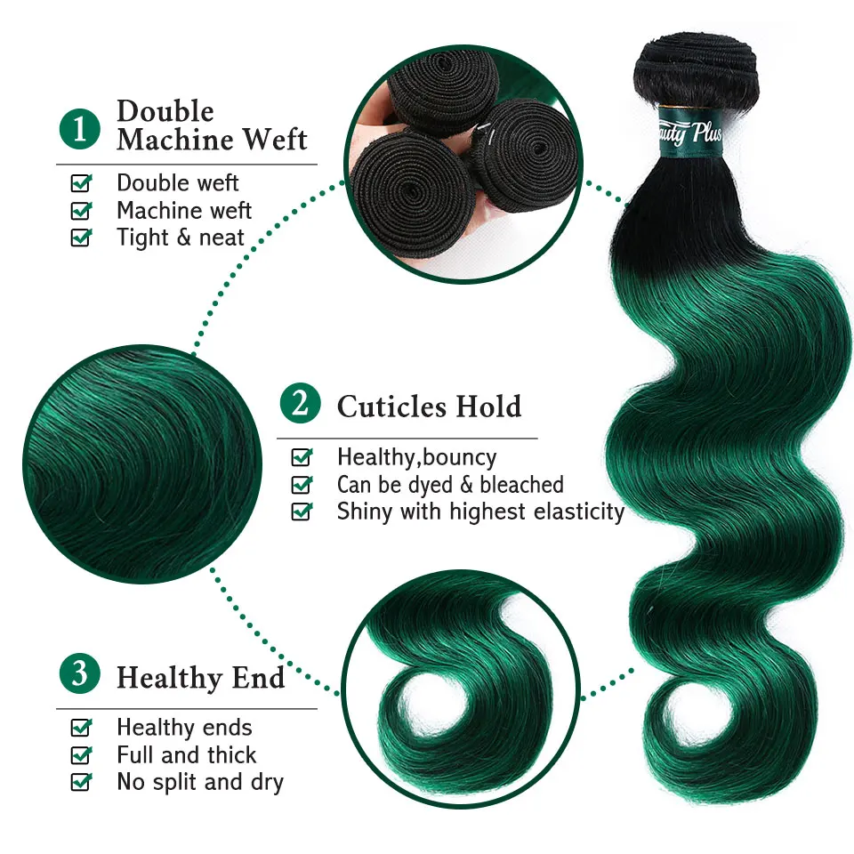 Перуанские зеленые пучки волос с застежкой пупряди волнистых эффектом омбре