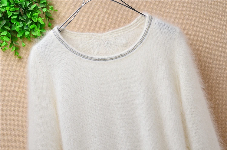 Зимний вязаный пуловер из Ангорского кроличьего меха с О-образным вырезом и