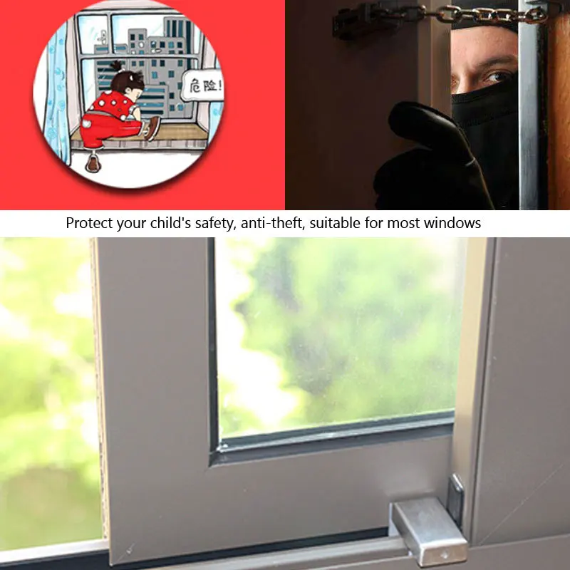 Cerradura de seguridad de ventana de acero inoxidable con llave, antirrobo para proteger puertas y ventanas de ni&ntilde;os, 1 ud.-3