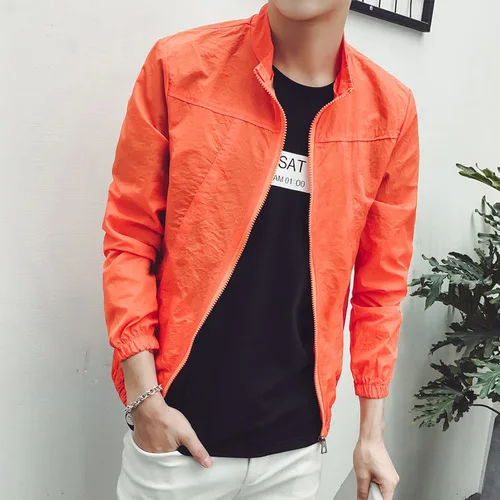 Orange Новинка, Хит, летняя одежда, солнцезащитная, повседневная, удобная, мужская Тонкая куртка с воротником-стойкой, одноцветная, свободная, модная, большой размер 5XL - Цвет: Orange