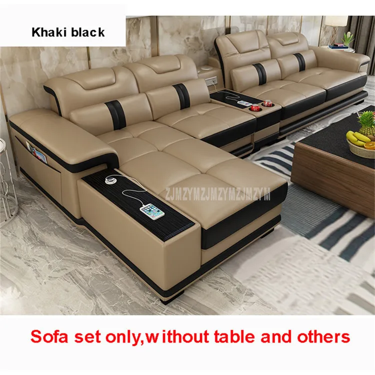 Khaki black 1 комплект, 4 сиденья, первый слой, натуральная кожа, диван для гостиной, угловой диван, набор с Bluetooth динамиком, современная мебель для дома - Цвет: Khaki black