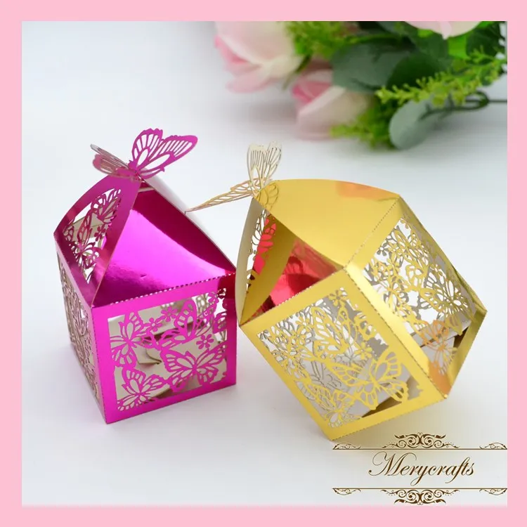 

Hot sale 50pcs lot Delicate Pattern Metallic Paper laser cut wedding gift boxes favor boxes with free ribbons various