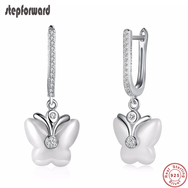 Серьги подвески из серебра 925 пробы с Белыми Керамическими бабочками|earrings for|earrings