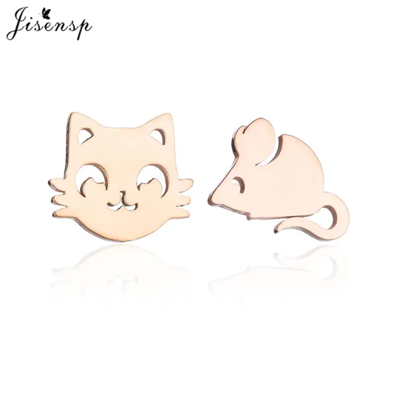 cat earrings Jisensp классические асимметричные серьги-гвоздики с животными для девочек с милым рисунком кота и мышки, детские ювелирные изделия, подарок - Окраска металла: cat earrings
