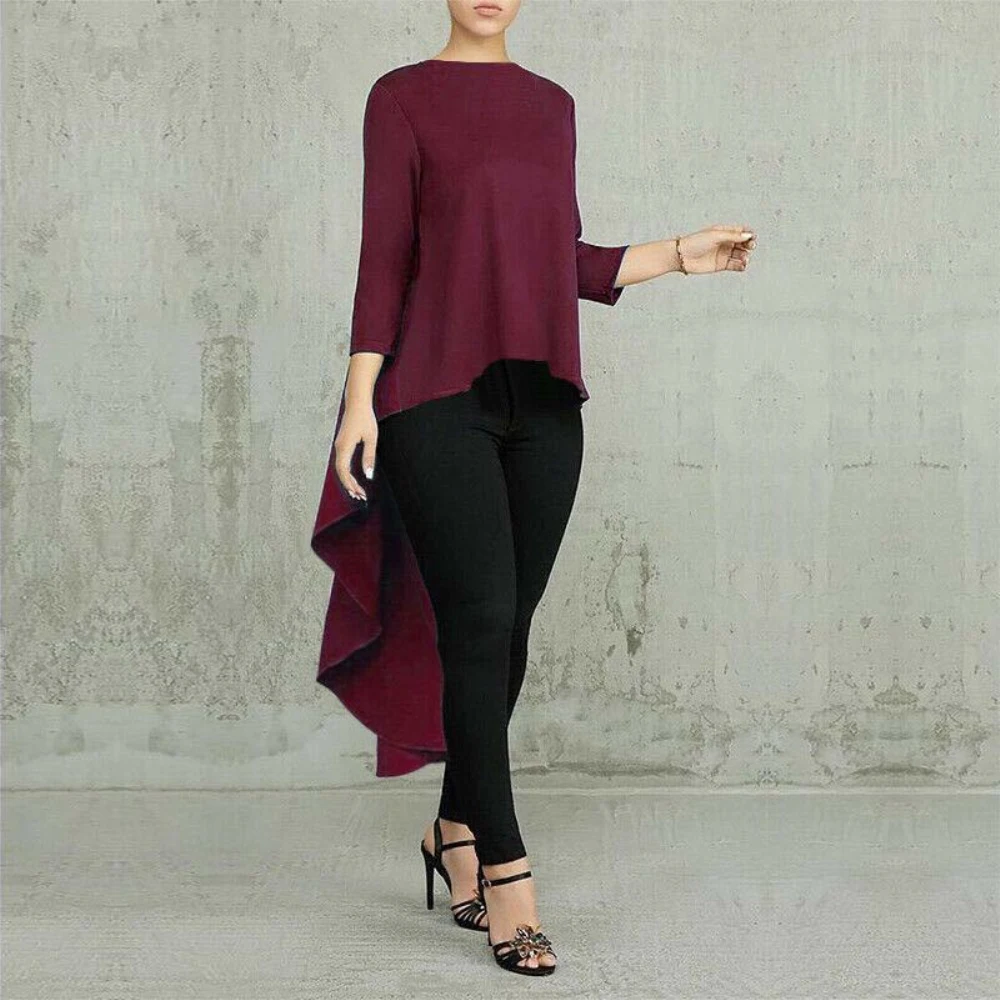 

Plus Size New Women Long Sleeve Ruffles Asymmetric Hem O-Neck Tunic Blouses