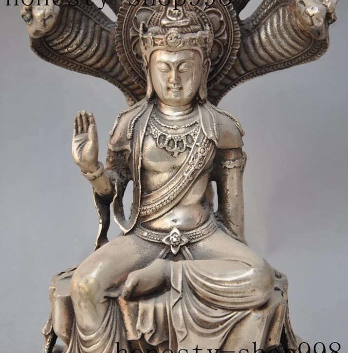 12 &quotСтарый Тибет буддизм серебро 5 головой змеи Кван-Инь богиня Гуаньинь статуя