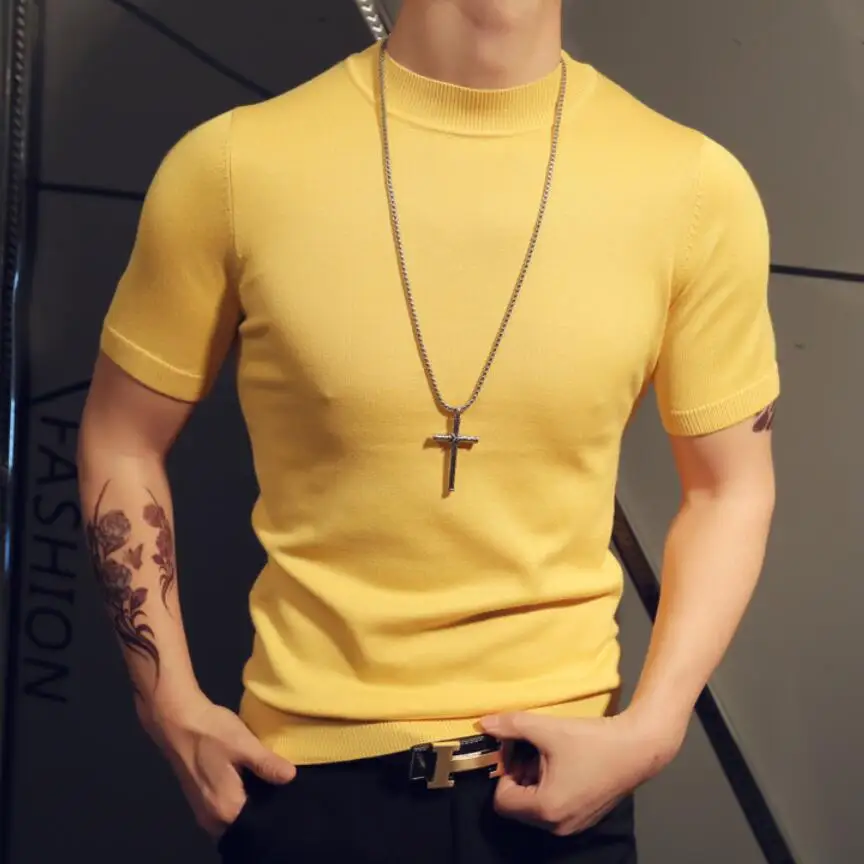 Мужской свитер с коротким рукавом приталенный вязаный из чистого хлопка высоким