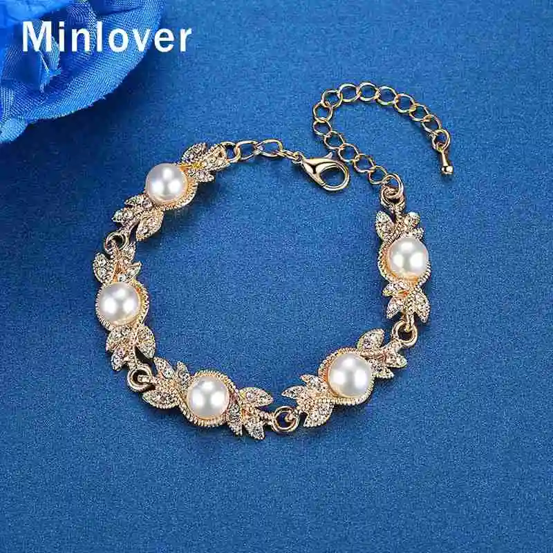 Minlover Elegant Simulation Pearl Flower Bracelet for Women Austrian Crystal Silver Color Bracelets Wedding Jewelry 2019 MSL197 | Украшения