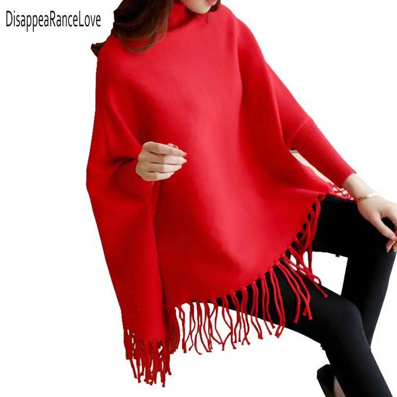 

2021 Women Pullovers And Sweaters Loose Tassel Soft Shawl Poncho Women turtleneck sweater Bat Long Sleeve Pullover Sweater