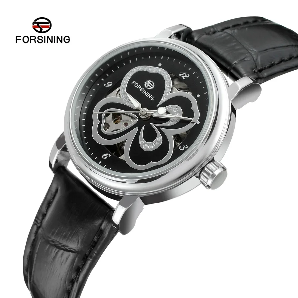 Forsining Women's Watch Skeleton Analog Transparent Crystal Leather StrapFashion Casual Brand Wristwatch Color White FSL8014M3 | Наручные