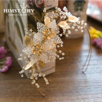 himstory handmade beaded gold plating pearl rhinstone wedding headpiece leaffloral clear beads crystal hair vine