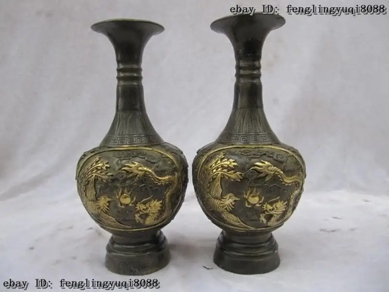

Пара ваз, 9 дюймов, в китайском народном стиле, Классическая Бронзовая позолоченная, с изображением дракона, птицы Феникса